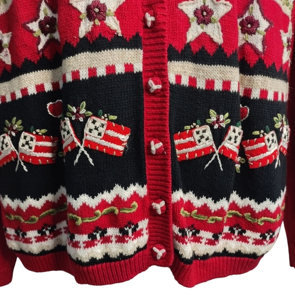 Vtg Heirloom Collectibles Cardigan Sweater Red Cotton Blend Embroider Flags Sz L - Picture 4 of 7